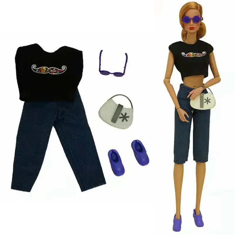

Black 1/6 BJD Doll Clothes For Barbie Outfits Set Shirt Crop Tops Jeans Trousers Glasses Bag Shoes 11.5" Dolls Accessories Toys