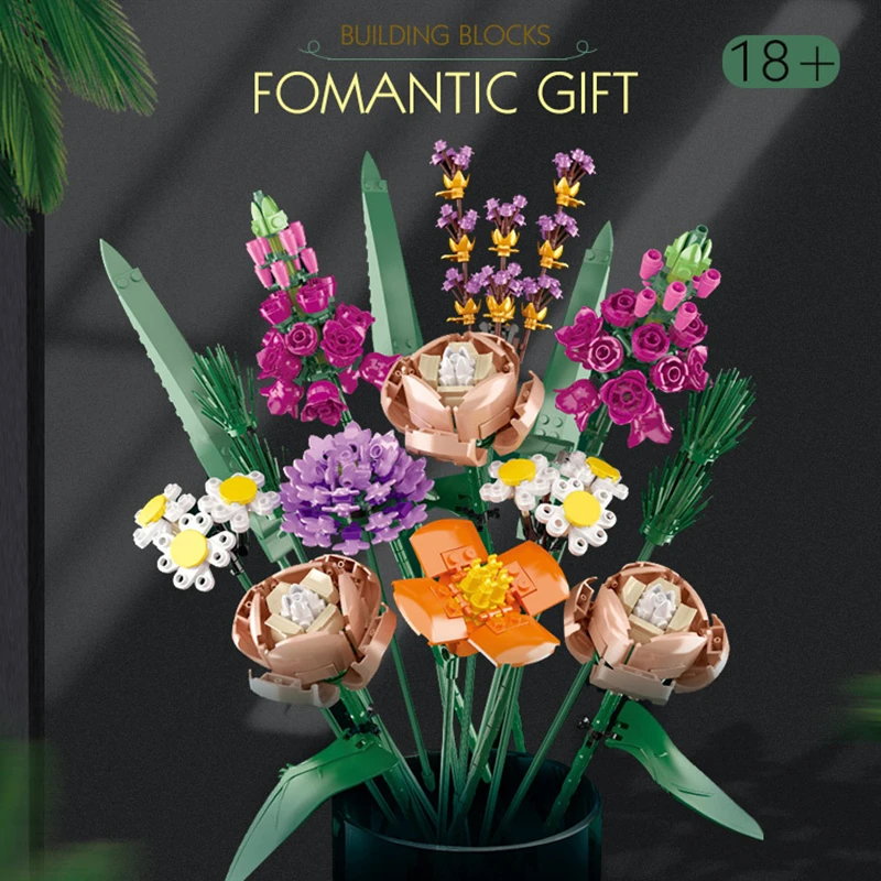 

В наличии, MOC 10280, Романтический букет цветов розы, строительные блоки, совместимые с Днем Святого Валентина, цветочный подарок