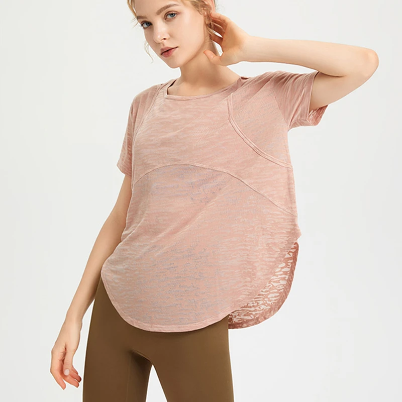 Summer Women Thin Loose Yoga Shirt Short Sleeve Sport T-Shirt Breathable Running Shirts Curve Hem Gym Fitness Tops Blouse Female