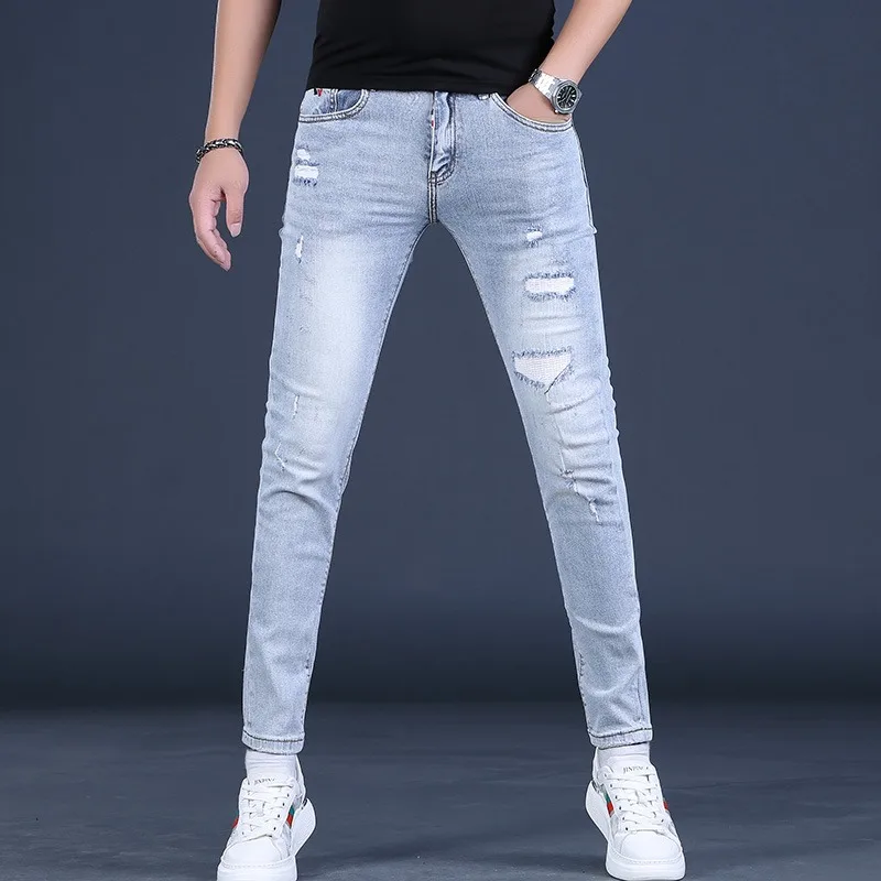 Summer Ripped Jeans Men Fashion Slim Fit Pencil Pants Streetwear Casual Lightweight Light Blue Denim Trousers