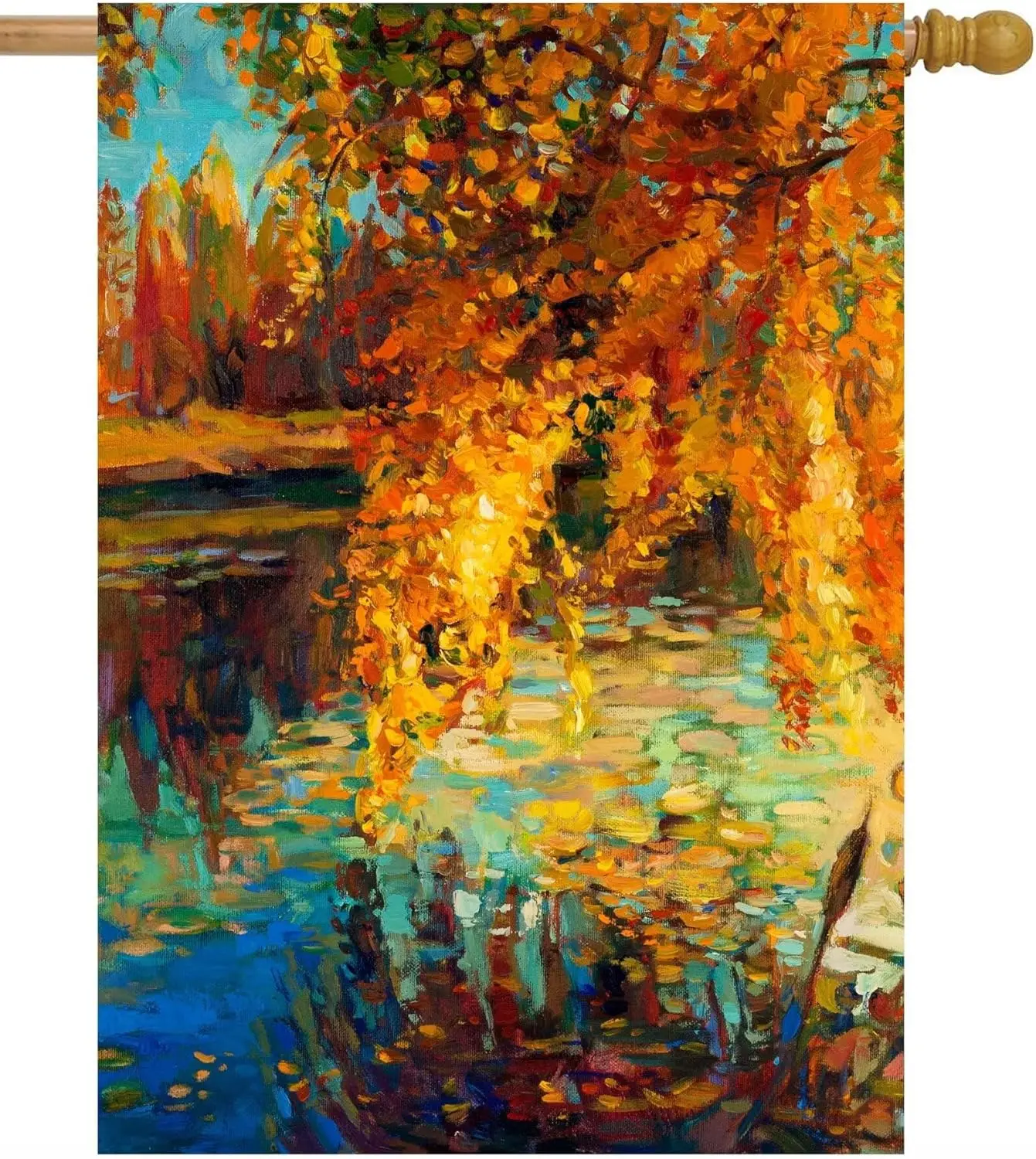 Картина маслом полное листья красивое озеро закат пейзаж осенний лес небо флаг