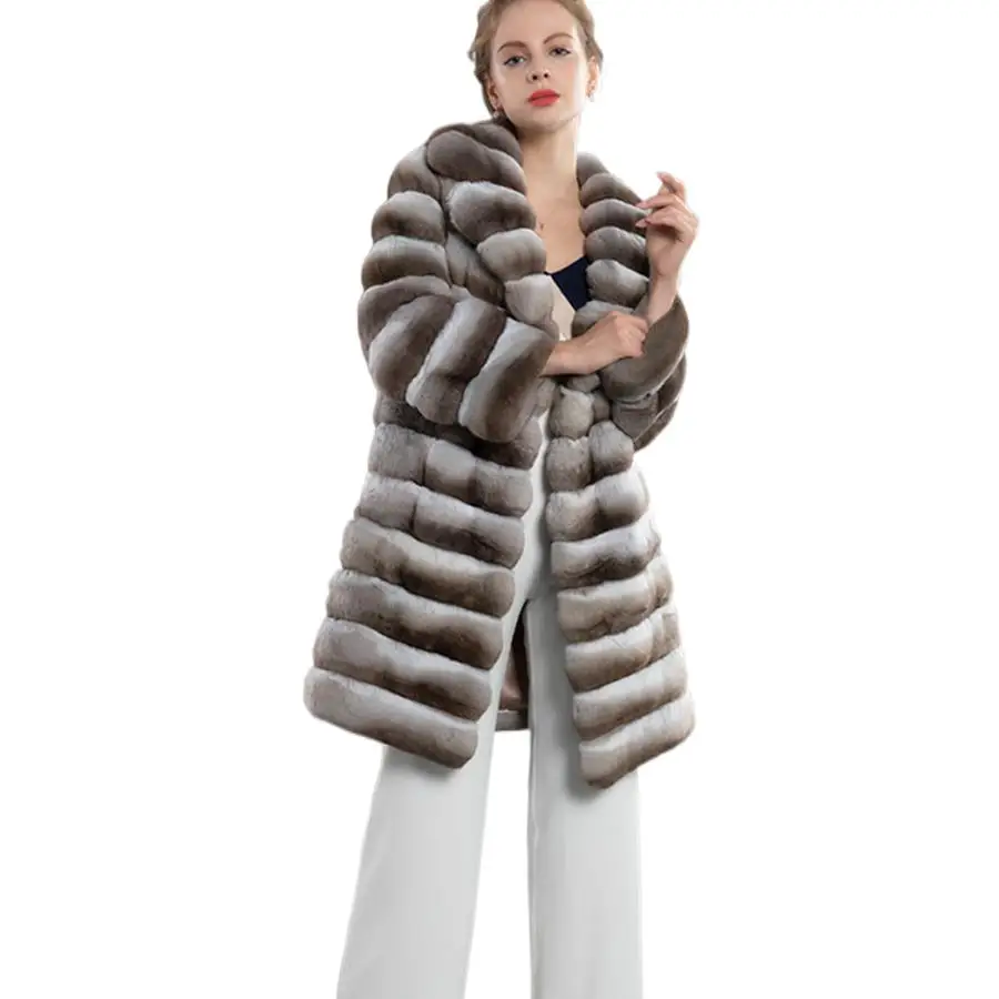 

Female Real Rex Rabbit Fur Jacket Winter Women Slim Thermal Outwear Classical Fashion Lapel Collar Overcoat Chinchilla Fur Coats