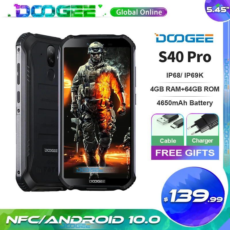 

DOOGEE S40 Pro IP68 Rugged Mobile Phone 4GB RAM 64GB ROM 5.45 inch 4650mAh Android 10 MT6762D A25 Octa Core 1.8GHz Smartphone