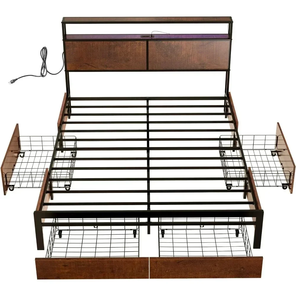 Рама для двуспальной кровати с изголовьем и светодиодными лампами 4 ящиками