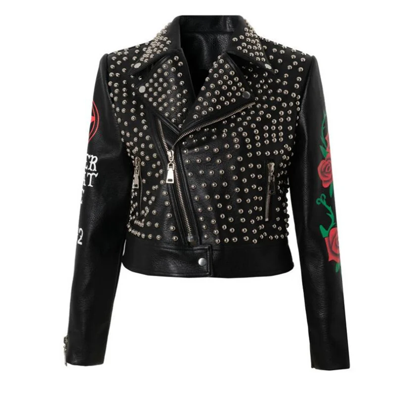 Slim rivet motorcycle leather jacket womens letter print coats European punk style дубленка женская зимняя black plus size enlarge