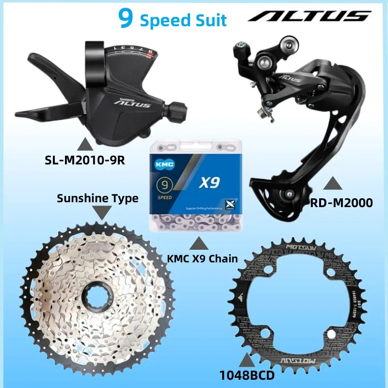 

ALTUS 9 Speed Groupset 9V Derailleurs Suit SL-M2010-9R Shifter Lever RD-M2000 Sunshine Casstte KMC X9 Chain 104BCD Crank