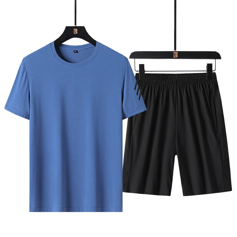 Summer New Men's Casual Ice Silk Set Loose T-shirt Short Sleeve+Shorts Two Piece Set for Middle and Youth Fitness and Sports