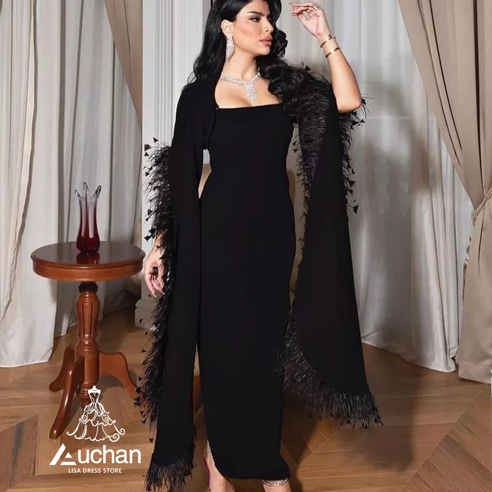 

Auchan Black Square Collar Prom Dress Ankle Length Long Sleeve Evening Dress Summer Elegant Wedding Party Gowns For Women 2023