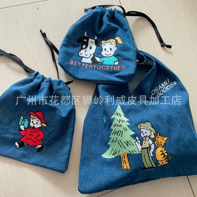 Фото Горячая новинка: Модная джинсовая сумка OSAMU GOODS с вышивкой, милым мультяшным рисунком, для отдыха, женская, подарок на день рождения №2