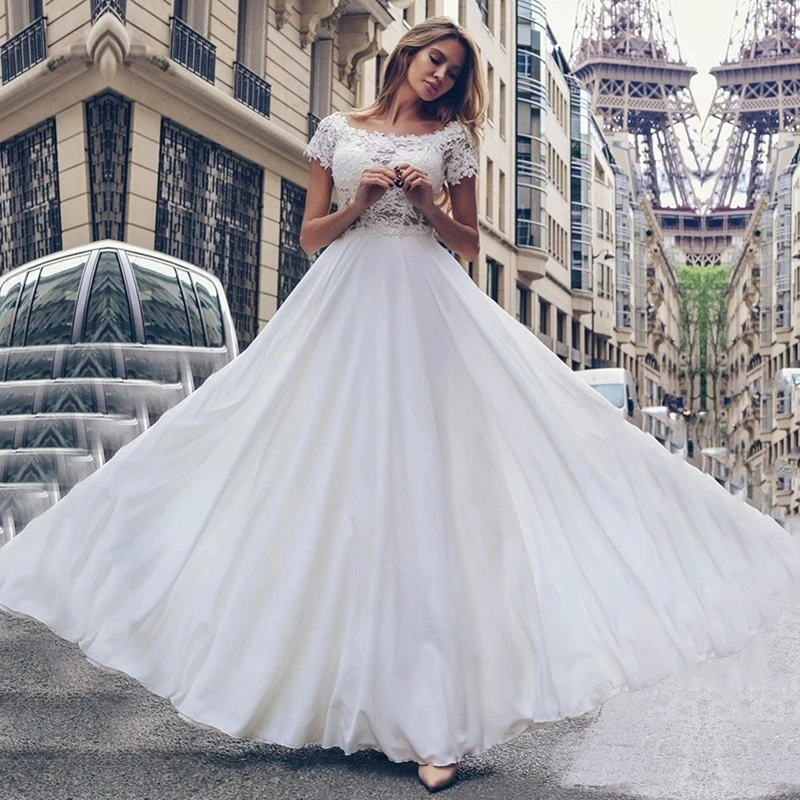 

Elegant Wedding Dress O-Neck Ankle-Length Floral Lace Floral Print Button A-LINE Wedding Party De Fiesta Robe De Soiree