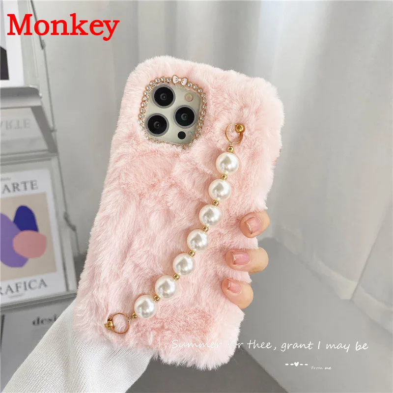Soft Plush Wrist Strap Pearl Bracelet Phone Case For Samsung S21 S20 Plus Note20 A52 A72 A32 A12 A21S A50 A70 A51 A71 Cover Capa