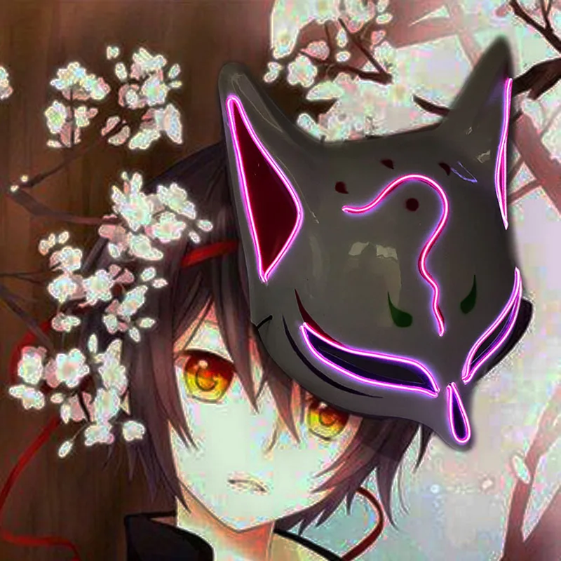 Японская маска EL Wire в стиле аниме лисы с неоновой подсветкой на половину лица LED для Хэллоуина, карнавальной вечеринки.
