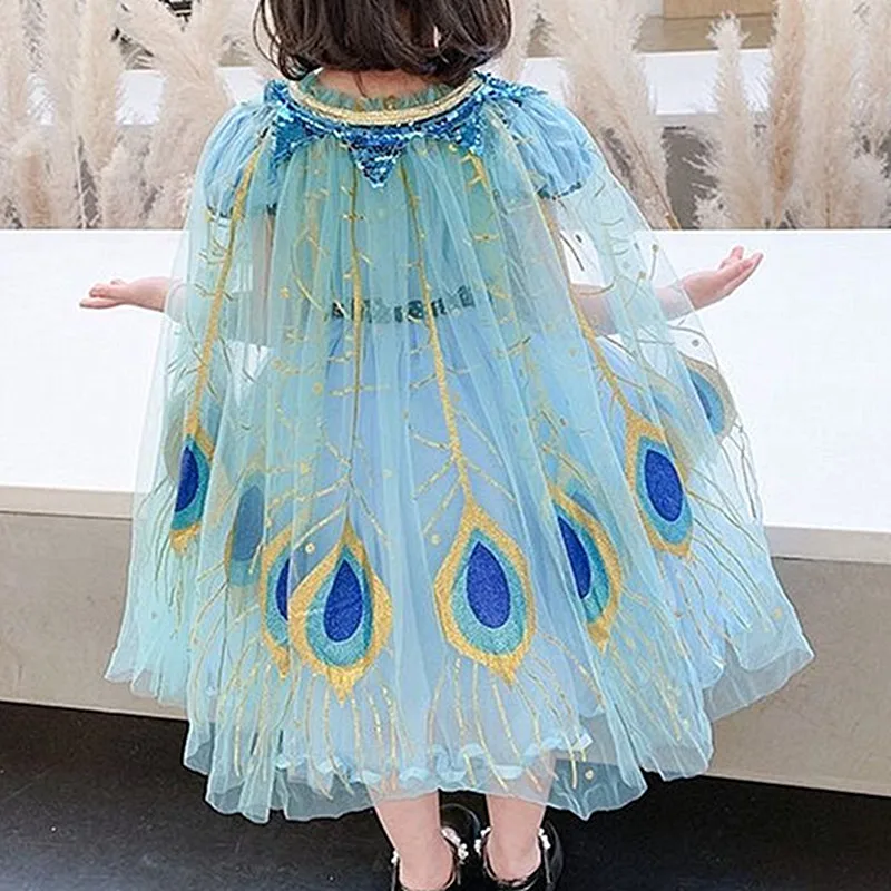 

Peacock Girl Princess Party Costume Tulle Cape Cloaks Halloween Dress Up Mantle for Performance Outer Children's Cosplay Shawl