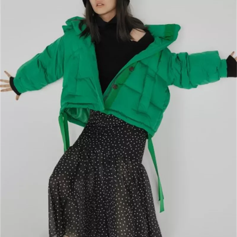 New2022 2022 Winter New Fashion Cotton Outerwear Windproof Hooded Webbing Padded solid Down Jacket Japanese Women Warm Parkas