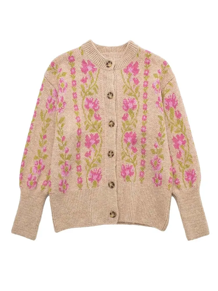 

KLKXMYT TRAF цветочный вязаный кардиган женский жаккардовый винтажный вязаный свитер женский 2023 зимний Укороченный кардиган на пуговицах Женск...