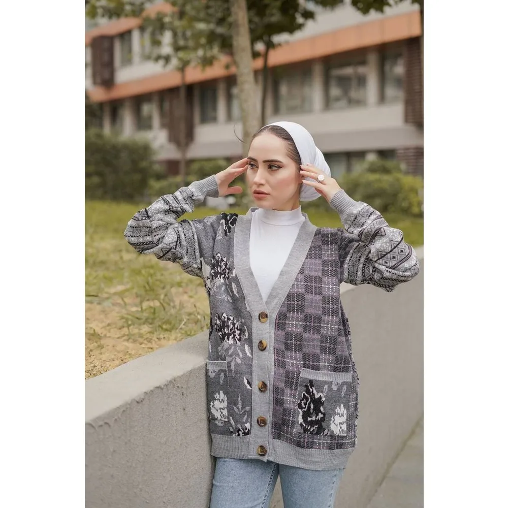 

Leaf Pattern Cardigan MDR0060 Gray