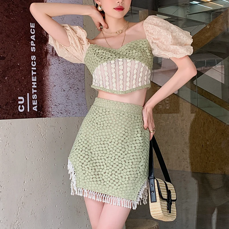 

Sexy 2 Two Piece Sets Women Puff Sleeve Patchwork Lace Crop Top Skinny Elastic Force Mini Lace Skirts Suit Summer Female Outfits