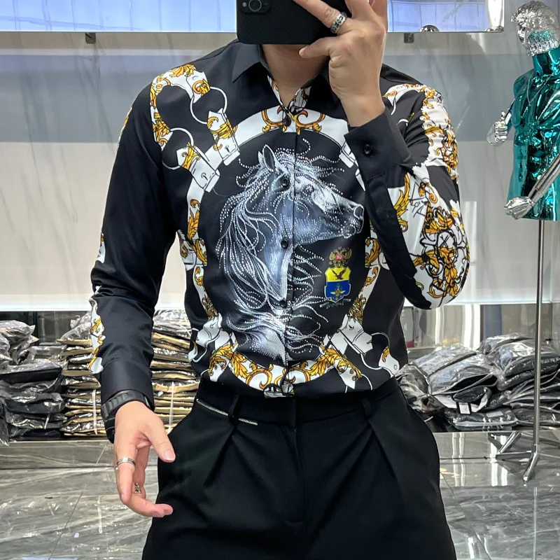 

2022 Spring Animal Horse Baroque Shirt Men Social Party Camisa Masculina Luxury Black Gold Rhinestones Shirt For Men Ropa Hombre