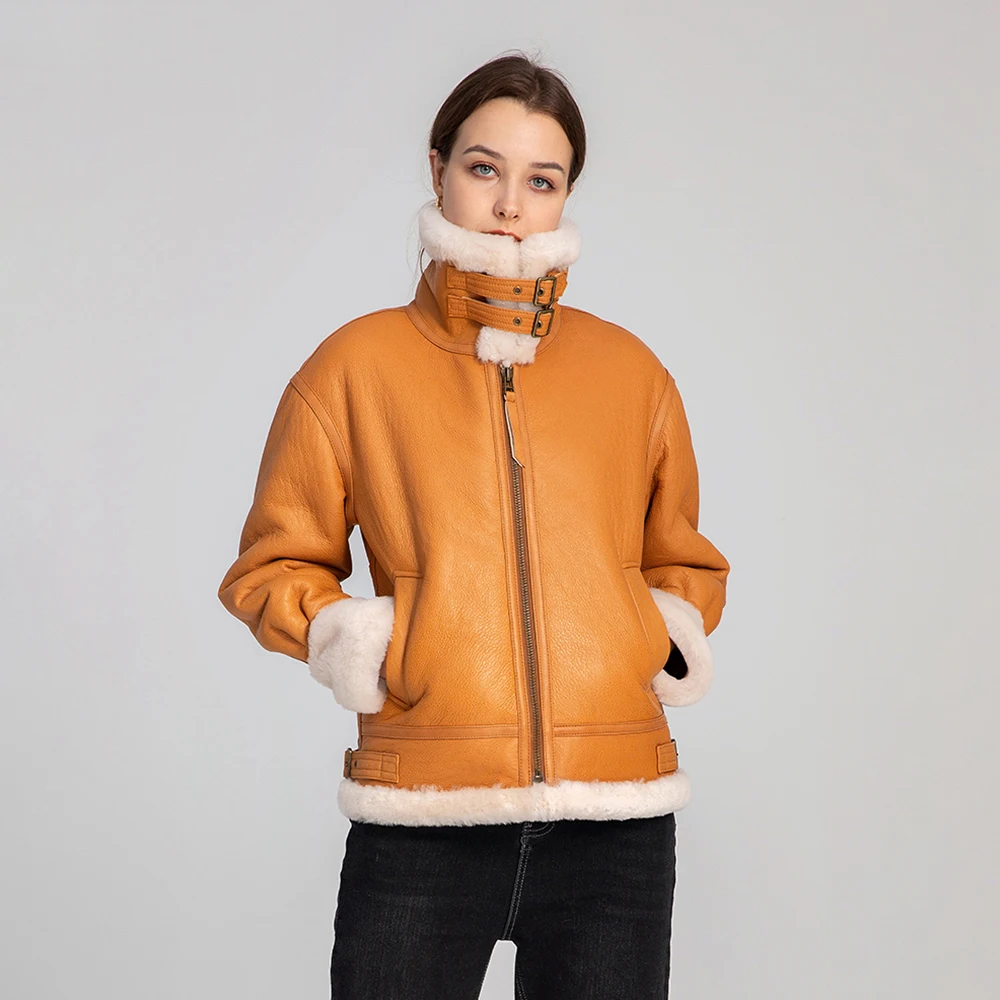Lady Winter Leather Jackets Shearling Coats Motorcycle Genuine Sheepskin Leather Wool Fur Lining Warm Overcoats 2022 New 3628