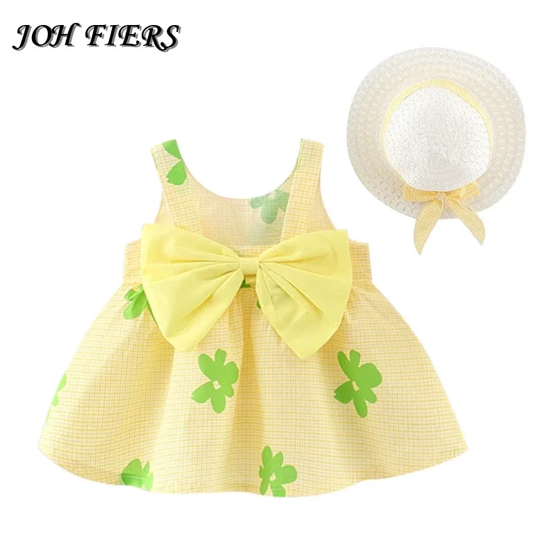 

2pcs Summer Baby Girls Beach Princess Dress Cute Bow Flowers Sleeveless Cotton Toddler Dresses+Sunhat Newborn Clothing Set