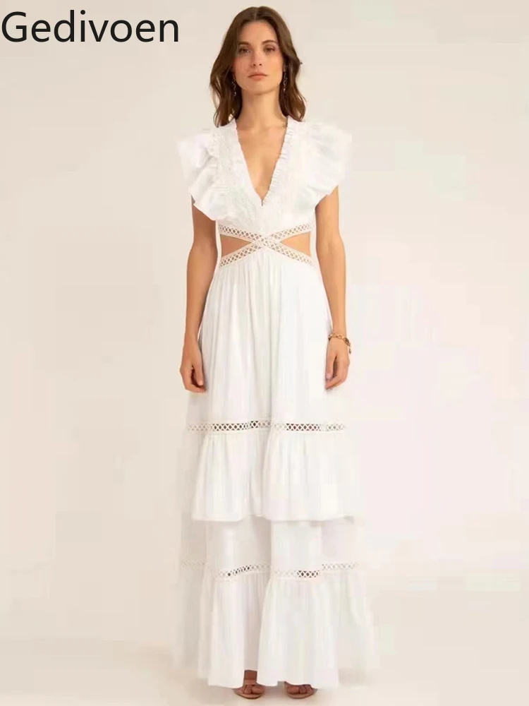 

Gedivoen High Quality Summer Women Fashion Runway Long Dress Sexy V-Neck Backless Cutout Cascading Ruffle Hem White Cake Dress