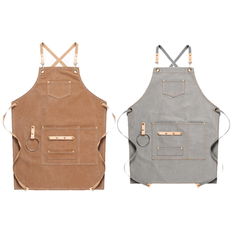 

2 Pcs Canvas Apron Bib Leather Chef Kitchen Apron For Women Men Barista Bartender Pockets Home, Khaki & Light Gray