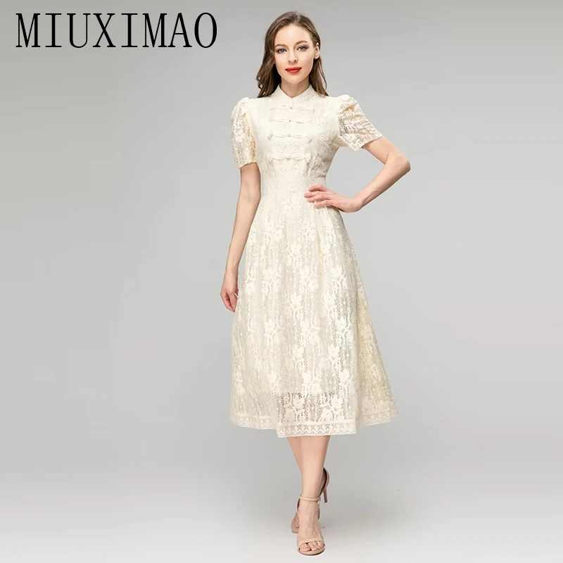 

MIUXIMAO 2023 Высокое качество Весна-лето элегантное платье с коротким рукавом чокер кружевное однотонное Модное Длинное платье женские платья