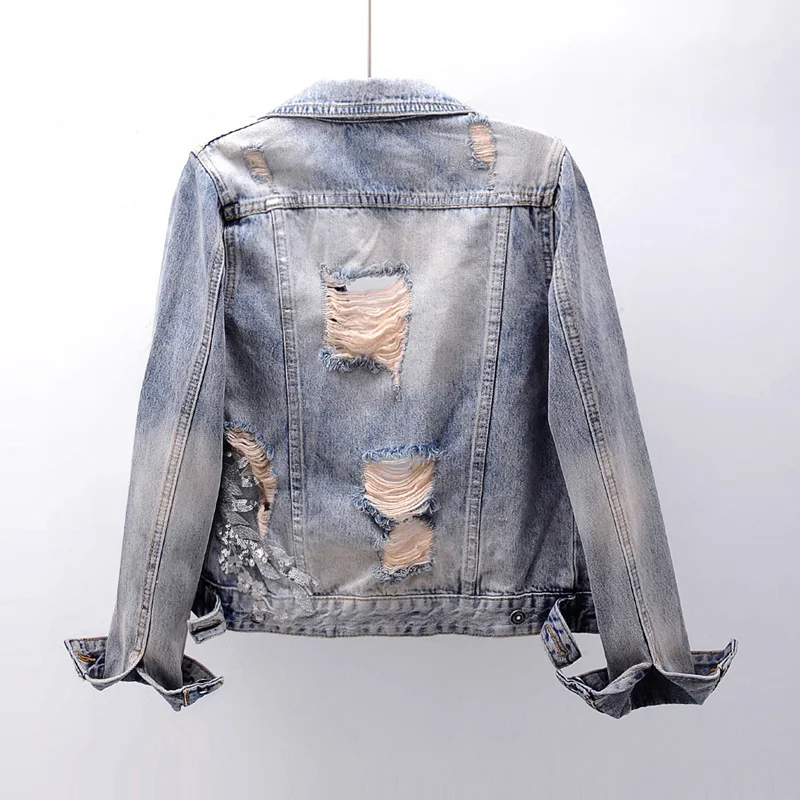 

Spring 2022 Streetwear Fashion Handwork Beading Flowers Short Denim Jacket Coat Women Outerwear Slim Holes Jeans Jackets Female
