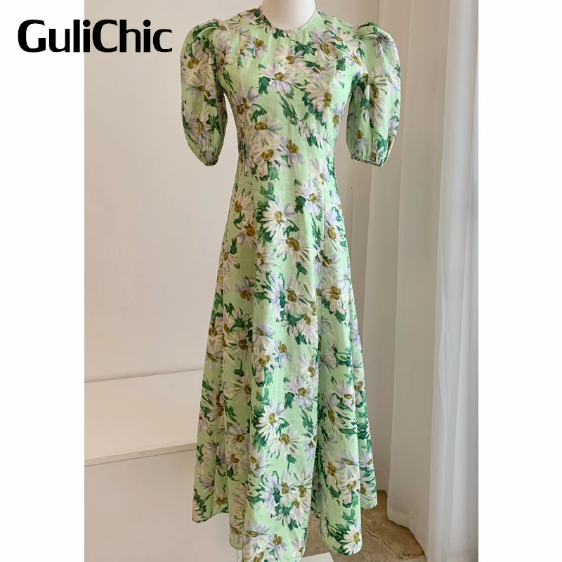 

7.24 GuliChic Women Sping Summer Linen Daisy Print Puff Sleeve Round Neck Collect Waist Dress