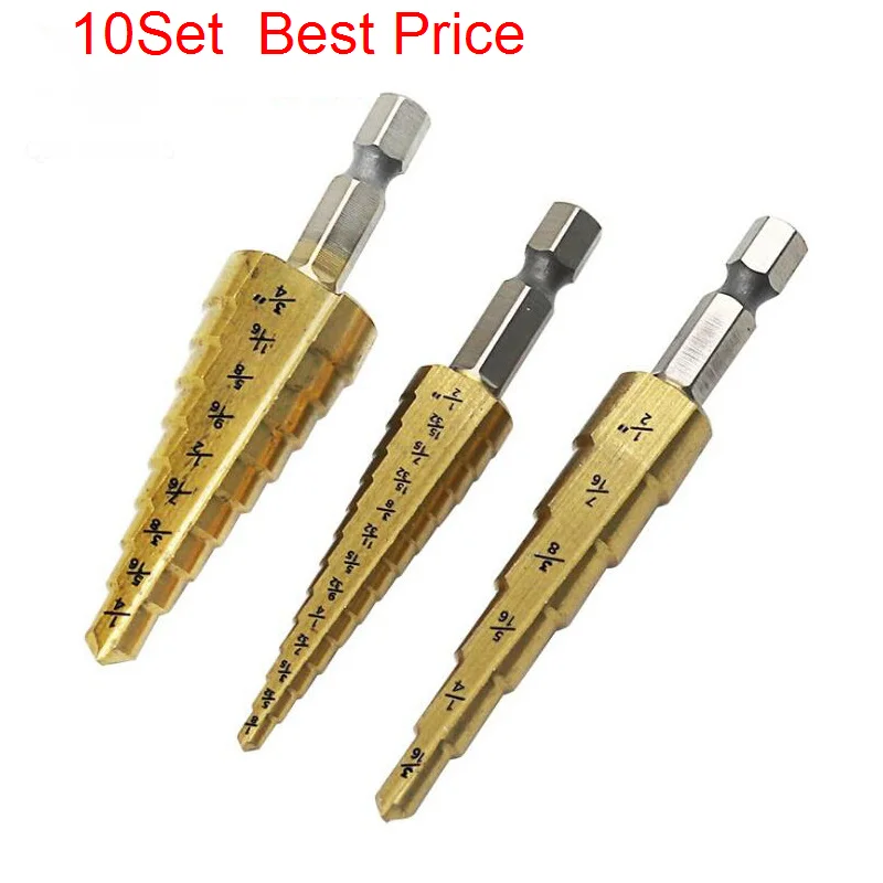 

10Sets British Step Drill Hexagonal Handle Pagoda Bit 3 / 16-1 / 2,1 / 4-3 / 4,1 / 8-1 / 2 Multi Specification