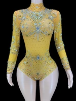 6 colors sexy transparent mesh bodysuit shining rhinestones long sleeve ladies clothing party dance stage performance costume