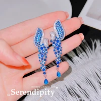 foydjew luxury designer jewelry blue zircon shiny geometric earrings sea blue crystal 925 silver needle long pendant earring