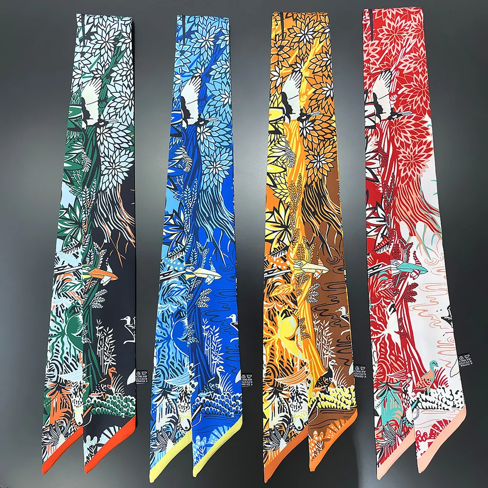 

2023 Design Jungle Lion Women Luxury Silk Scarf Fashion Hair Headband Foulard Skinny Bag Scarves Neckerchief Female Bow Ties