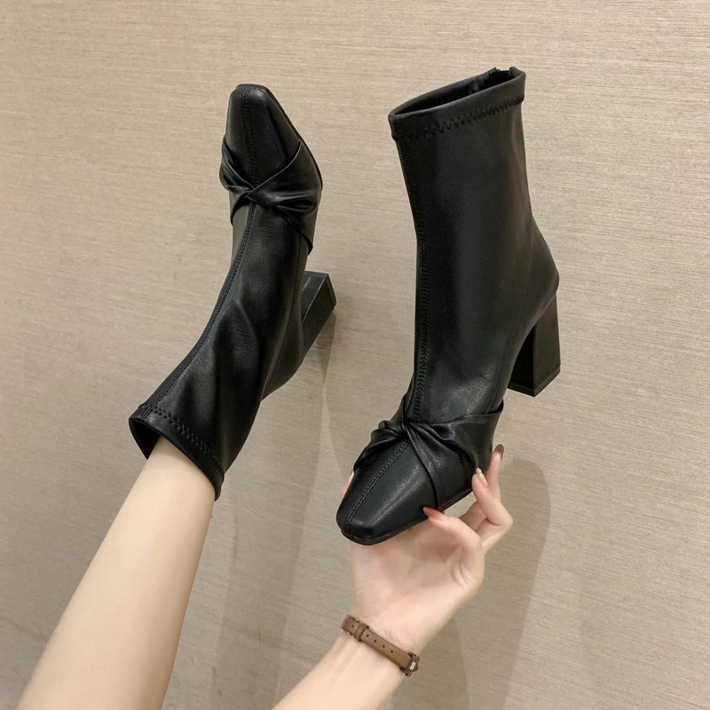 2022 Autumn Winter New Women Ankle Boots Ladies Fashion Square Toe Back Zipper Shoes Female Office Thick Heels Botas Black Wihte