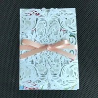 50 pieceslot pearl white wedding invitation card with bowknot laser floral pink engagement xv quinceanera invitations ic120