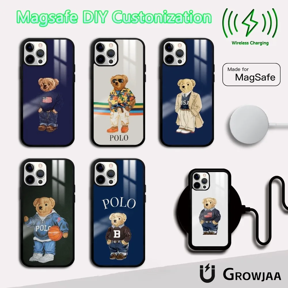 P-PoloES Bear Fashion Luxury Phone Case For IPhone 16 15 14 13 12 11 Pro Max Plus Mini Magsafe Mirror Wireless Magnetic Cover