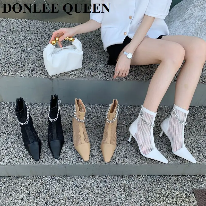 

2022 Breathable Mesh Women Ankle Boots New Brand Chain Decoration Sandal High Heels Pointed Toe Summer Shoes Elegant Pumps Mujer