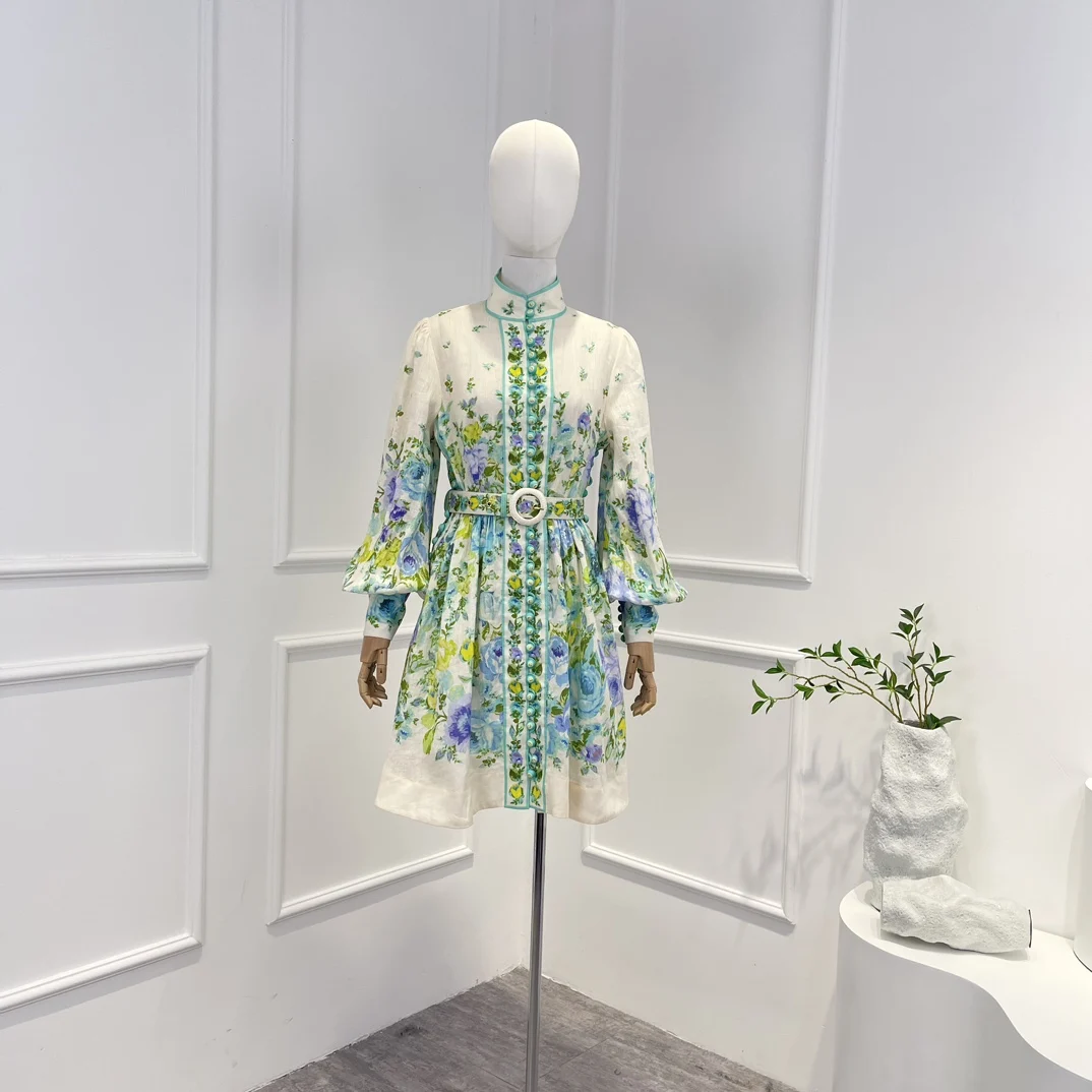

New 2023 Top Quality Linen Light Blue Floral Print Vintage Graceful Mandarin Collar Woman Mini Dresses with Belt for Holiday