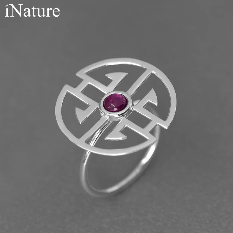 

INATURE 925 Sterling Silver Natural Stone Big Geometric Round Open Rings For Women Trendy Party Jewelry