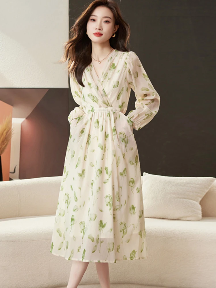 

Женское винтажное шифоновое вечернее платье с принтом, корейское весеннее модное повседневное ТРАПЕЦИЕВИДНОЕ ПЛАТЬЕ С V-образным вырезом, длинным рукавом и высокой талией