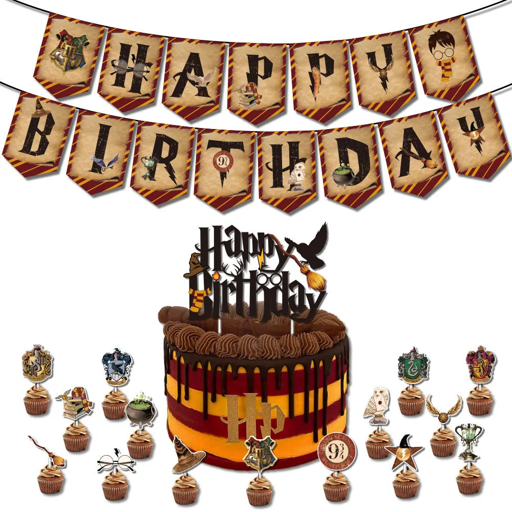 Takara Tomy Harris theme birthday party decoration set pull flag wizard hat glasses cake card balloon | Дом и сад