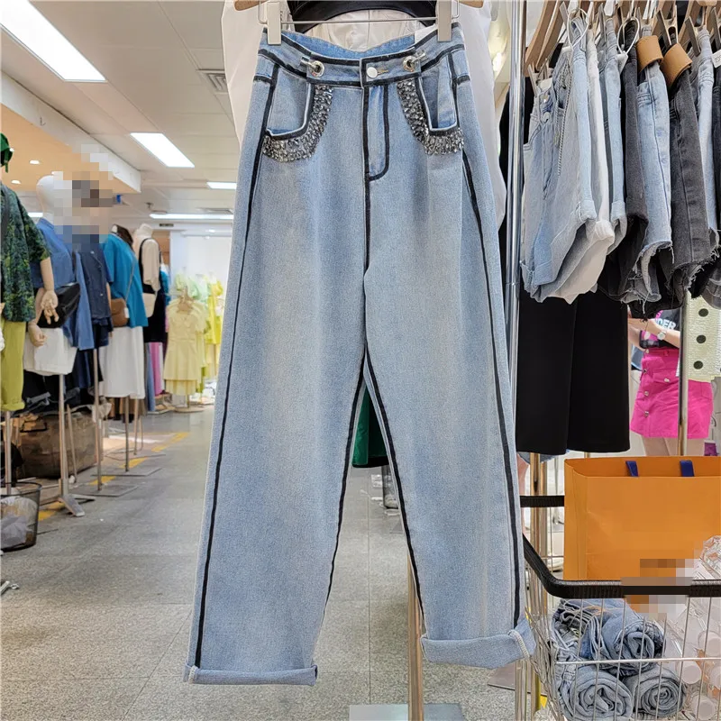 High Street Rhinestone Jeans Spring Summer Fashion Loose Wide-Leg Denim Pants Casual Women's Straight-Leg Mop Pants q181