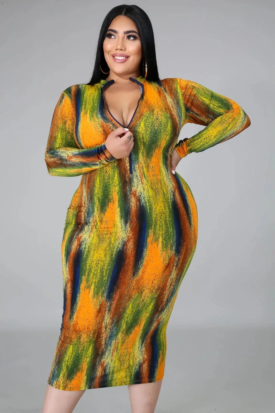 Plus Size Dresses New Fashion Sexy Women's High-necked Long-sleeved Slim Tie Dyed Printed Medium Length Slim Women's Dresses