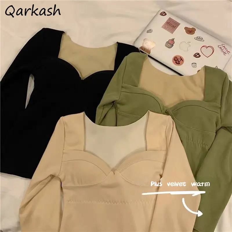 

Бархатные Футболки с длинным рукавом, Женская плотная осенне-зимняя одежда, Универсальные однотонные Сексуальные облегающие топы с V-образ...