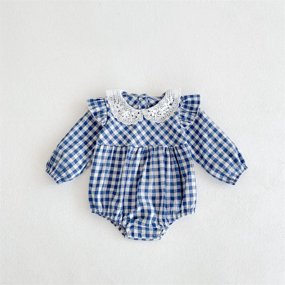 

0-2Y Baby Summer Clothes Newborn Girl Lace Doll Collar Bodysuit Plaid Long Sleeve Princess Outfits Cotton Rompers
