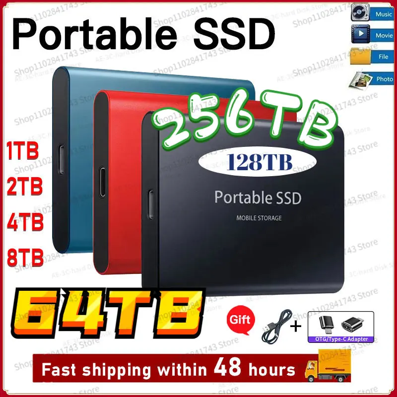 

256tb Portable High-speed Hard Disk Mini SSD 16TB 8TB HD 4TB High-capacity USB3.1Type-C Interface Metal Matte Surface Material