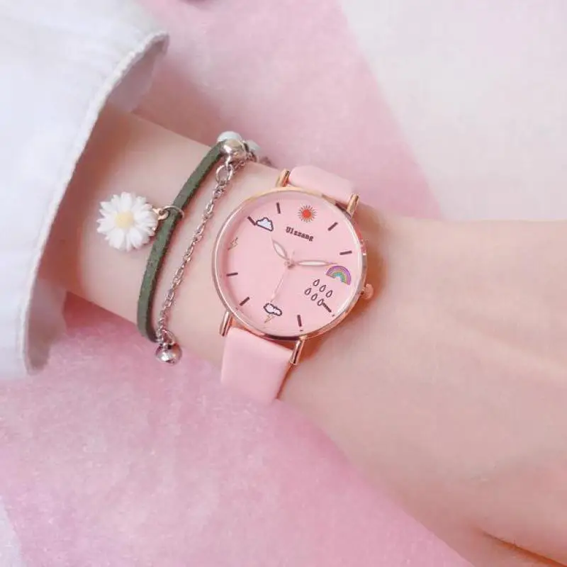 

Модные круглые кварцевые часы с мультяшным рисунком и циферблатом, повседневные наручные часы с кожаным ремешком, модные часы для водонепроницаемых наручных часов для девочек