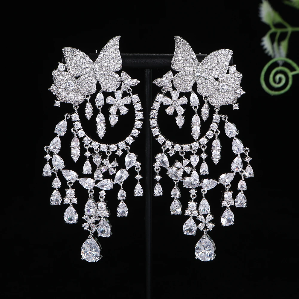 

Роскошные модные серьги-капельки 90 мм с бабочкой и цветком в форме капли воды, с фианитом, свадебное платье Naija, модные ювелирные изделия A12241