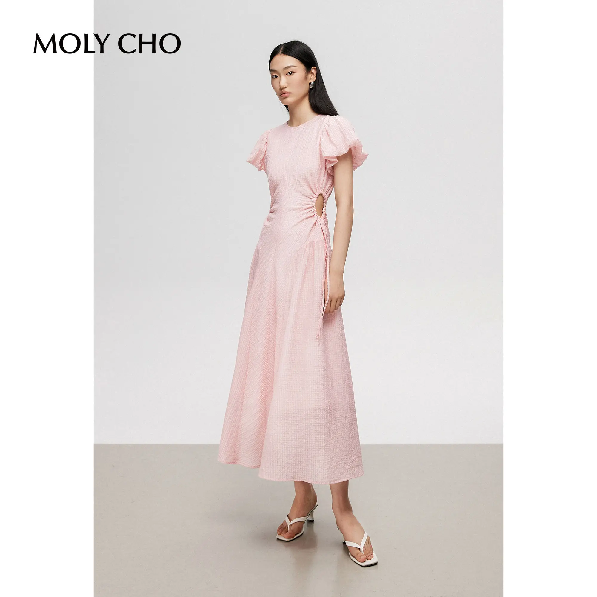 French Pink Hollow Out Waist Dress Women's Summer Sweet Long Dress Bubble Sleeves Gentle Skirt