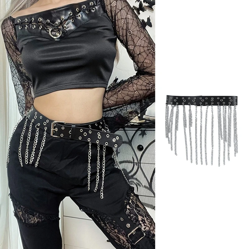 

Ремень женский в стиле панк, черный пояс-цепочка для брюк в стиле стимпанк-рок